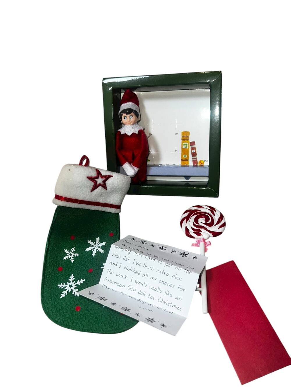 Vintage 2005 American Girl mini The Elf On The Shelf Set, christmas stocking,